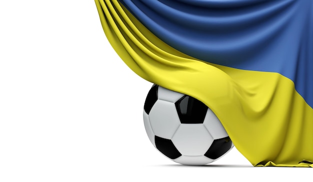 Bandeira nacional da Ucrânia drapejada sobre uma rendição 3D da bola do futebol do futebol