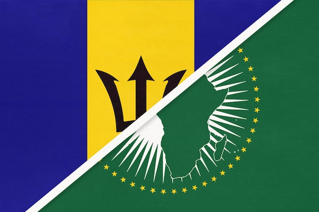 Bandeira nacional da União Africana e Barbados do continente africano têxtil vs símbolo de Barbados