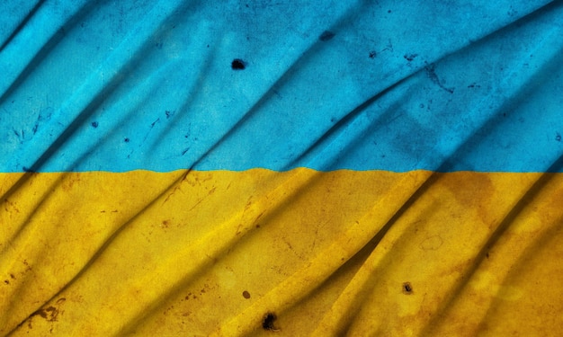 Bandeira nacional danificada do velho grunge vintage, suja, danificada, da Ucrânia, símbolo do patriotismo ucraniano, fundo de quadro completo