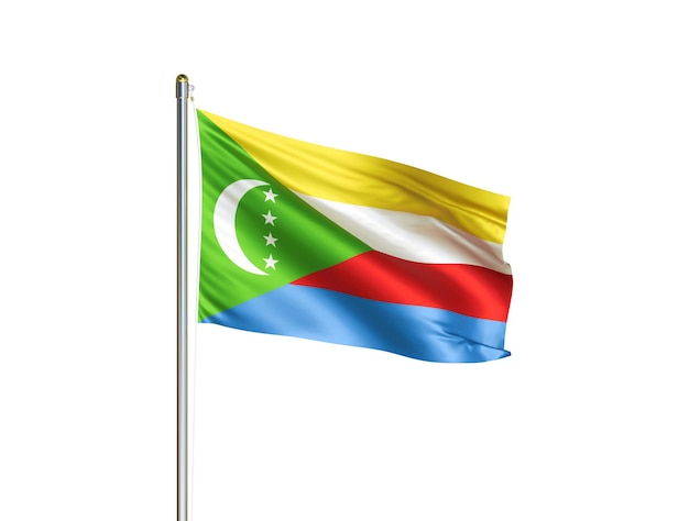 Bandeira nacional de Comores acenando em fundo branco isolado Ilustração 3D de bandeira de Comores