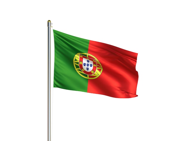 Bandeira nacional de Portugal acenando em fundo branco isolado Ilustração 3D da bandeira de Portugal