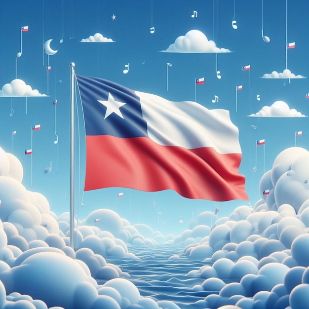 Bandeira Nacional do Chile agitando em um poste contra um fundo de céu azul ensolarado em alta definição