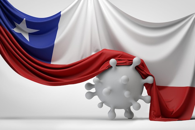 Bandeira nacional do Chile drapejada sobre uma renderização de molécula de doença de vírus covid