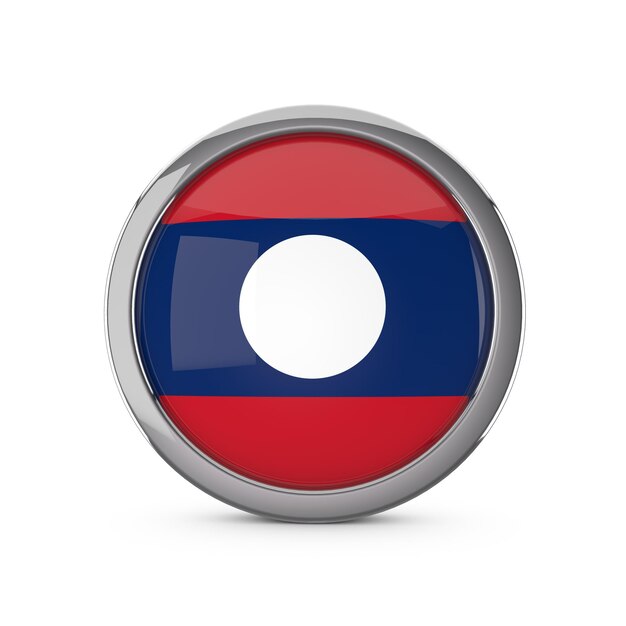 Bandeira nacional do Laos em forma de círculo brilhante com renderização em 3D de moldura cromada