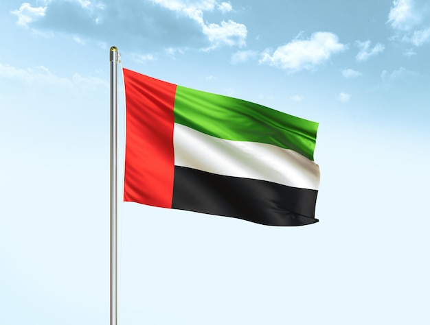 Bandeira nacional dos Emirados Árabes Unidos acenando no céu azul com nuvens ilustração 3D da bandeira dos Emirados Árabes Unidos
