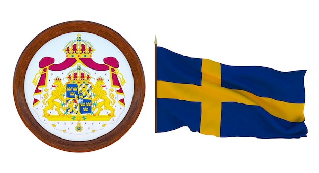 Bandeira nacional e a ilustração 3D do brasão de armas da Suécia