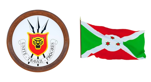 Bandeira nacional e a ilustração 3D do brasão de armas de Burundi