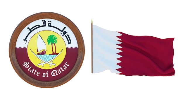 Bandeira nacional e a ilustração 3D do brasão de armas do Qatar