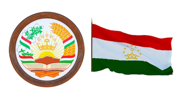 Bandeira nacional e a ilustração 3D do brasão de armas do Tajiquistão