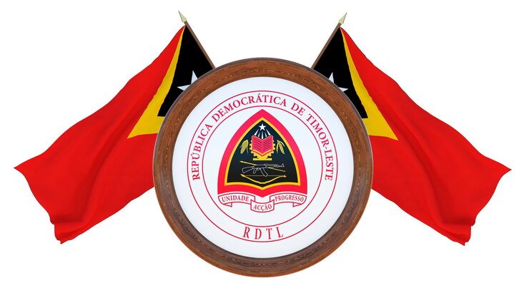 Foto bandeira nacional e a ilustração 3d do brasão de barbados background com bandeira de timor leste