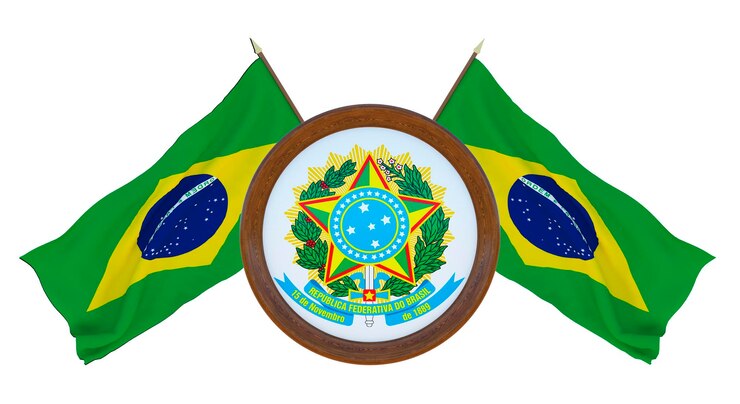 Foto bandeira nacional e a ilustração 3d do brasão de barbados background com bandeira do brasil