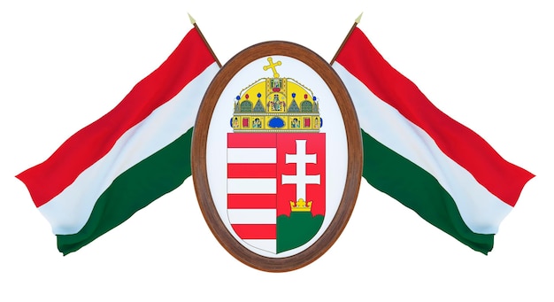 Bandeira nacional e ilustração 3D do brasão de armas de Barbados Background com bandeira da Hungria