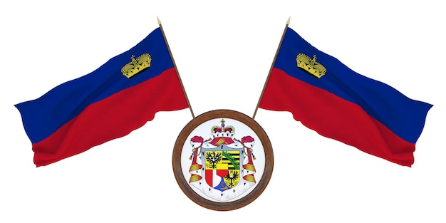 Bandeira nacional e ilustração 3D do brasão de armas do Liechtenstein Fundo para editores e designers Feriado nacional