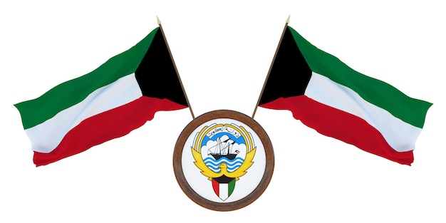 Bandeira nacional e ilustração 3D do brasão de armasBandeira do Kuwait Fundo para editores e designers Feriado nacional