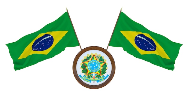 Bandeira nacional e o brasão de armas do Brasil Fundo para editores e designers Ilustração 3D de feriado nacional