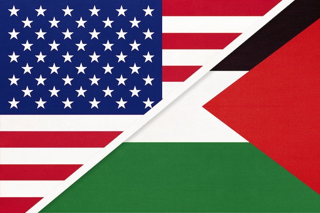 Bandeira nacional EUA vs Palestina de têxteis. Relação entre dois países americanos e asiáticos.