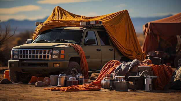 Foto bandeira num acampamento laranja com armas