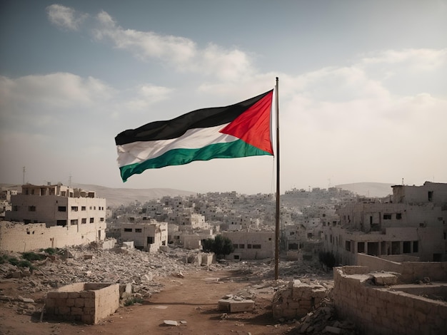 bandeira palestina com cidade destruída AI gerada