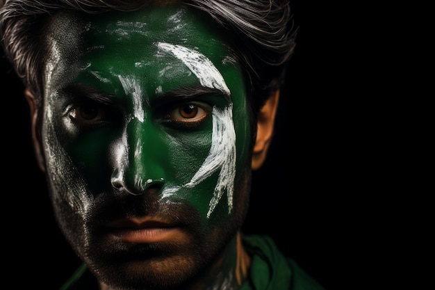 Bandeira paquistanesa rosto pintado de pessoa generativa AI