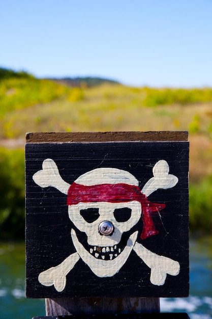 Bandeira pirata Jolly Roger pintada à mão em estilo rústico contra o céu de folhagem verde
