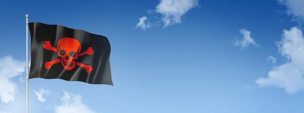 Bandeira pirata Jolly Roger renderização tridimensional isolada em um céu azul Ilustração 3D de banner horizontal