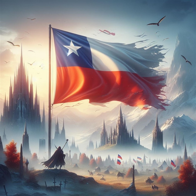 Bandeira realista do Chile a agitar-se no céu