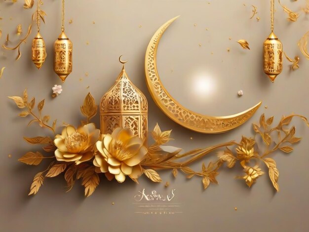 bandeira realista dourada de Ramadan Kareem com lua e flor