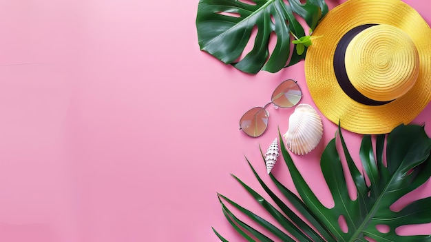 bandeira rosa de verão com chapéu amarelo, óculos de sol e folha de monstera em fundo rosa