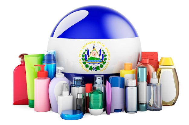 Foto bandeira salvadorenha com garrafas de cosméticos, produtos para o cuidado do cabelo, da pele facial e do corpo em 3d