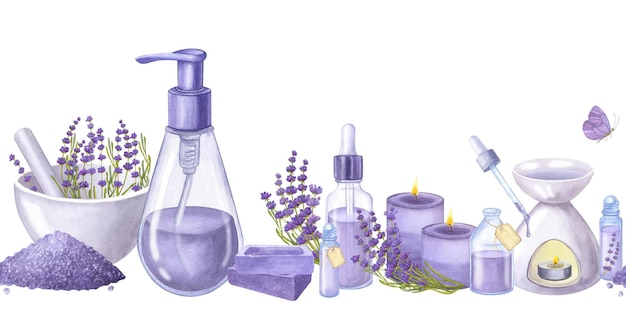 Bandeira sem costura flores de lavanda violeta óleos essenciais cosméticos aquarela ilustração isolada