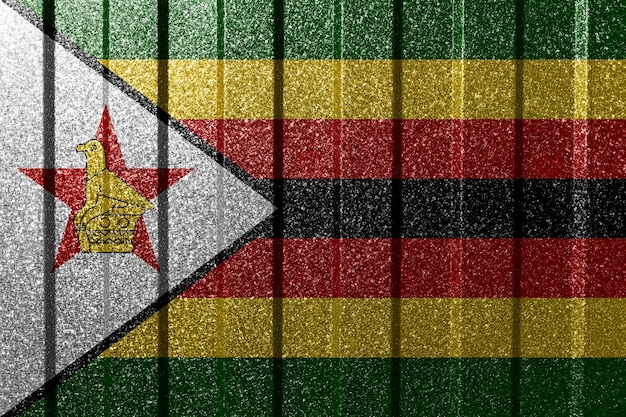 Bandeira texturizada do Zimbábue na parede de metal Fundo geométrico abstrato natural colorido com linhas