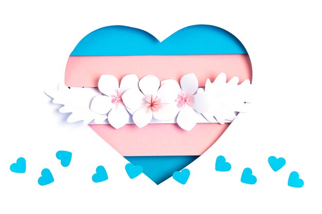 Bandeira transgênero em forma de recorte de papel nas cores azul, rosa e branco. amor, orgulho, diversidade, tolerância, conceito de igualdade