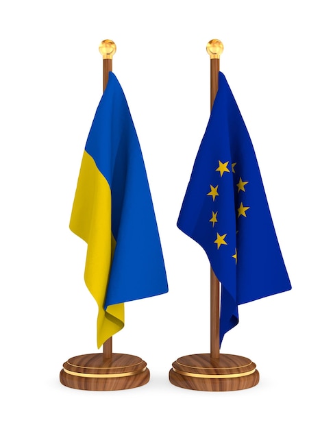 Bandeira ucraniana e da CE em ilustração 3D isolada de fundo branco