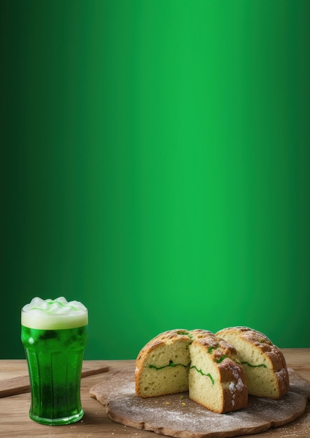 Foto bandeira vertical dia de são patrício bebidas e pratos tradicionais cerveja verde e pão de malte lugar para texto