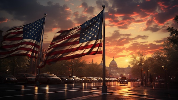 Foto bandeiras americanas a flutuar a meio palco no fundo