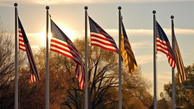 Bandeiras americanas balançando ao vento simbolizam o patriotismo e lembram