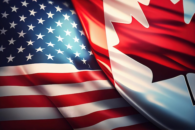 Bandeiras americanas e canadenses sobre o conceito de céu azul Generative Ai