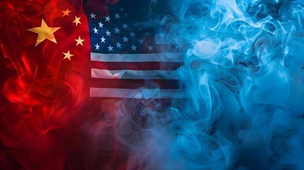 Foto bandeiras americanas e chinesas em fumaça simbolizam o conflito entre os eua e a china conceito política internacional simbolismo geopolítica bandeiras tensão