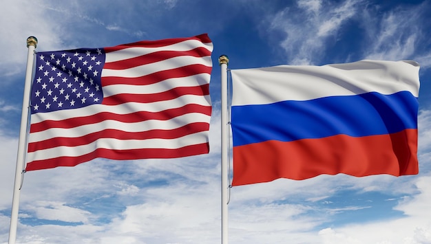 Bandeiras americanas e russas sobre o céu azul Conceito de negócios de comércio de relações internacionais de acordo de diplomacia entre EUA e Rússia renderização em 3D