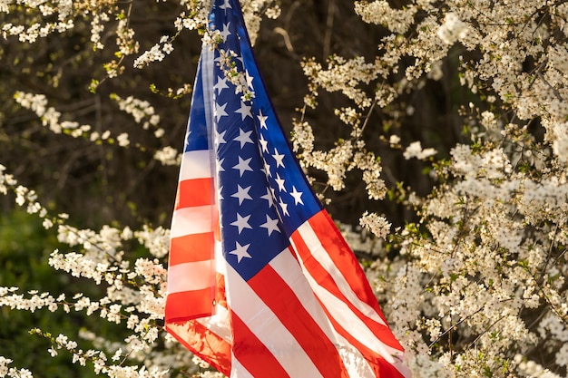 Bandeiras americanas em flores no quarto de julho