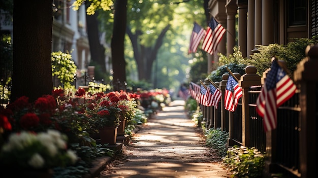 Bandeiras americanas exibidas nas varandas das casas em fundo