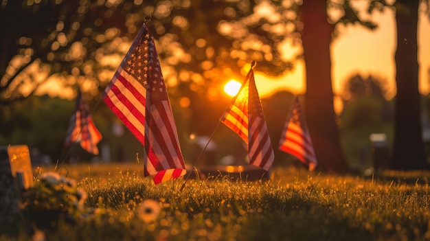 Bandeiras americanas no cemitério ao nascer do sol comemorando o serviço militar e o sacrifício