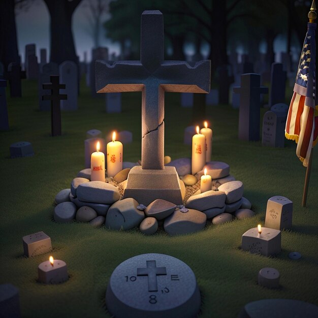 Bandeiras americanas prestando homenagem aos heróis caídos no Memorial Day cruz na natureza pequeno túmulo