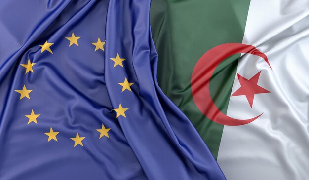 Foto bandeiras babadas da união europeia e da argélia renderização em 3d