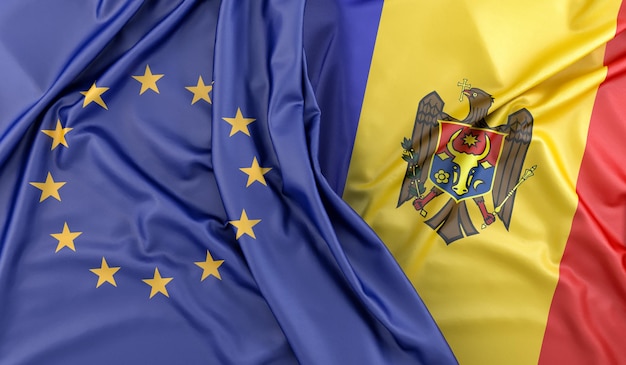 Bandeiras babadas da União Europeia e da Moldávia renderização em 3D