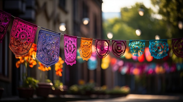 Bandeiras coloridas de papel picado decorando o fundo