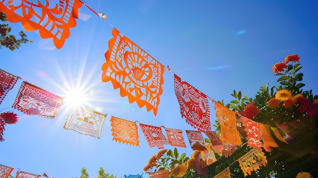 Bandeiras coloridas de papel picado voam contra um céu azul brilhante celebrando o Cinco de Mayo