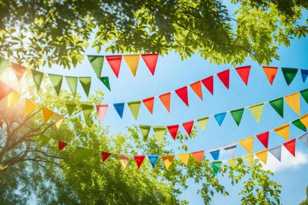 bandeiras coloridas penduradas de uma árvore com o sol brilhando através das folhas