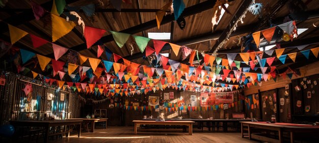 Foto bandeiras coloridas penduradas no teto de um restaurante gera ia