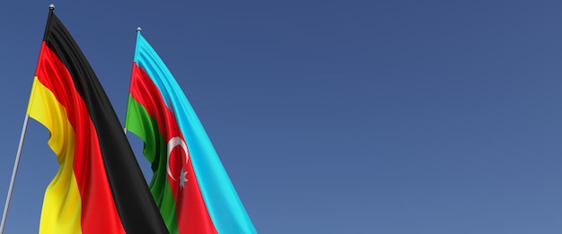 Bandeiras da Alemanha e do Azerbaijão em mastros ao lado Bandeiras em um fundo azul Lugar para texto Alemão Berlim Baku ilustração 3D